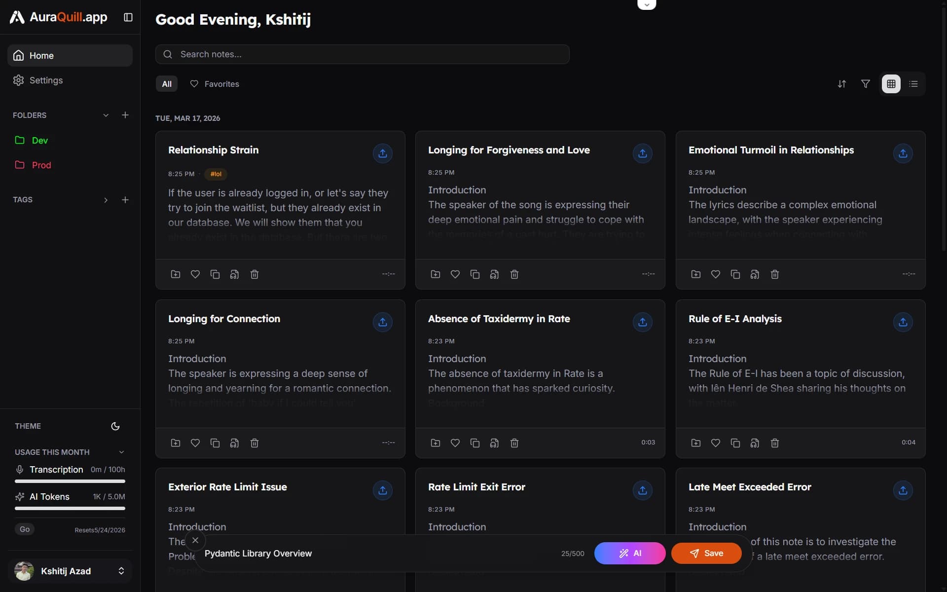 AuraQuill quicknotes view
