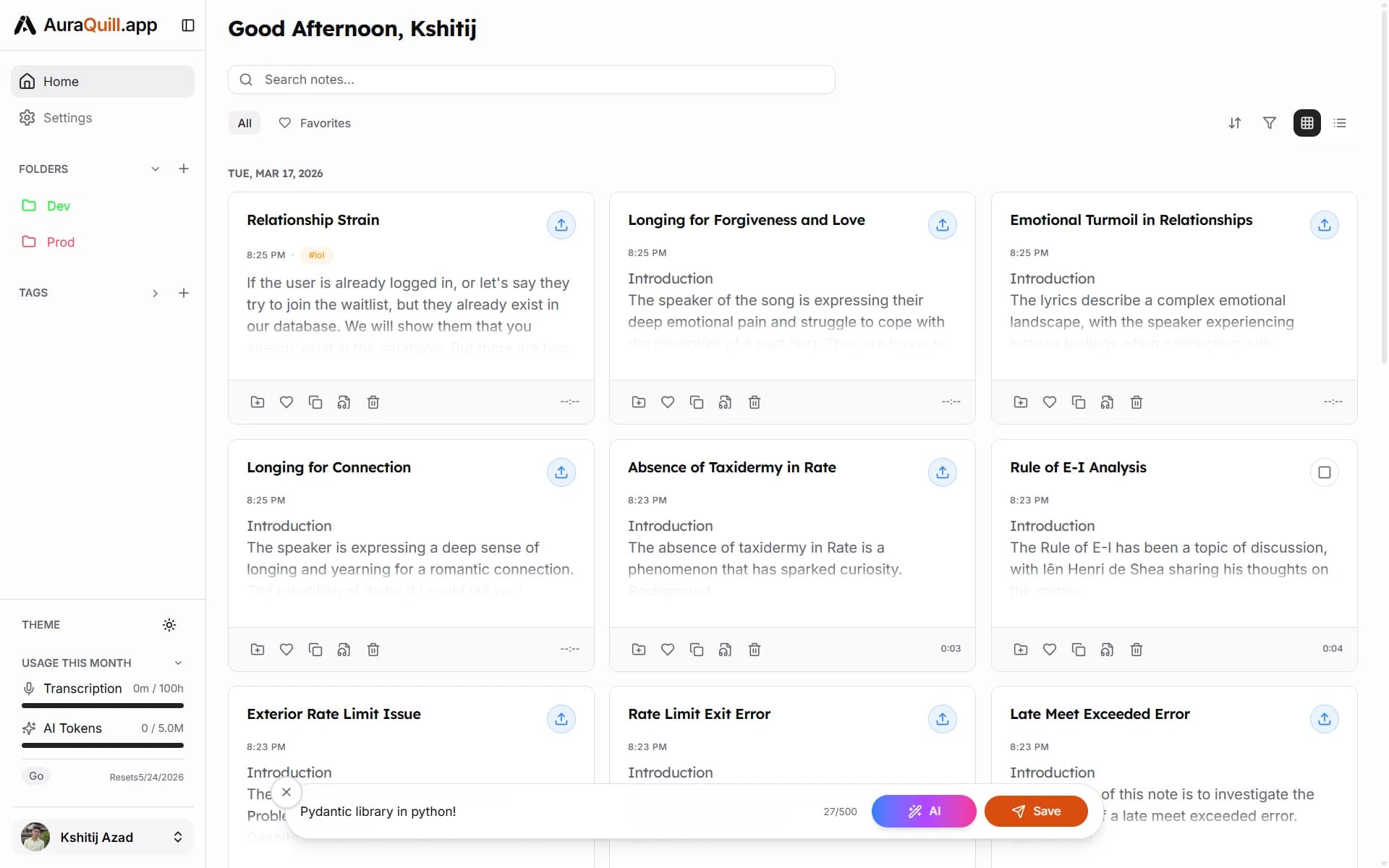 AuraQuill quicknotes view