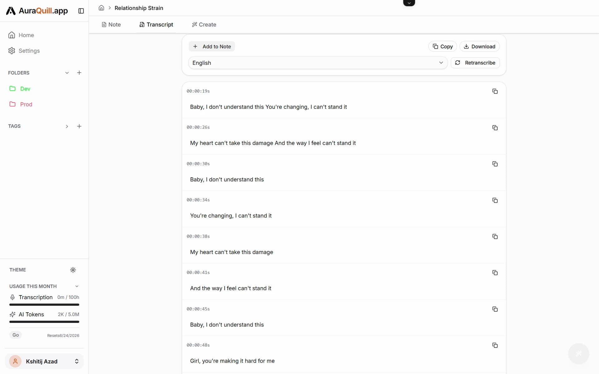 AuraQuill transcript view